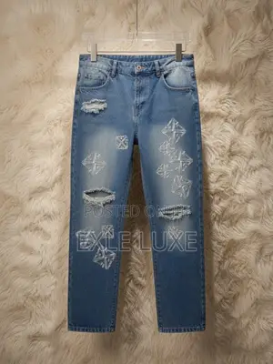 Light Blue Distressed Geometric Patch Jeans