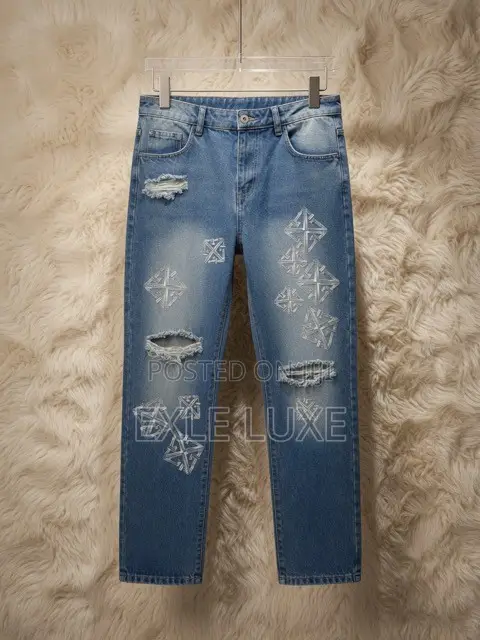 Light Blue Distressed Geometric Patch Jeans
