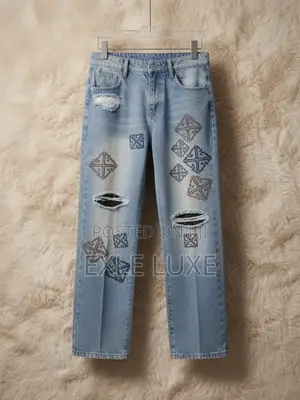 Light Blue Distressed Geometric Patch Jeans