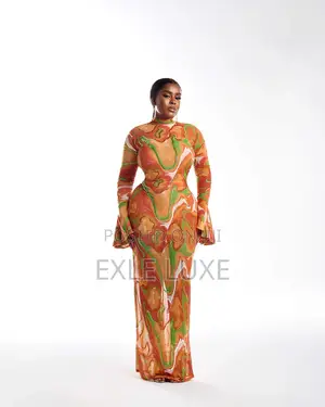 Orange Green Marbled Mesh Dress