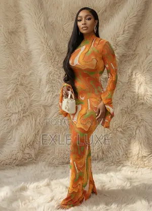 Orange Green Marbled Mesh Dress