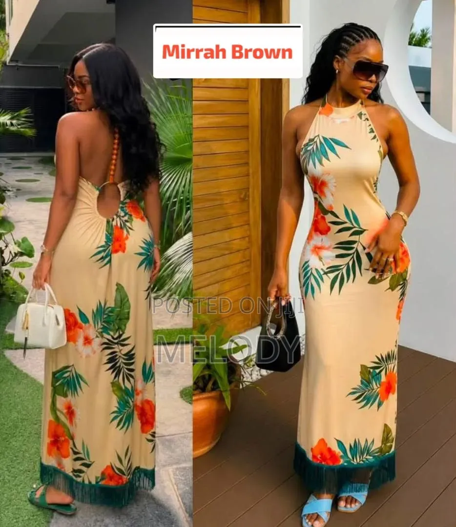 Tropical Floral Backless Halter Maxi Dress