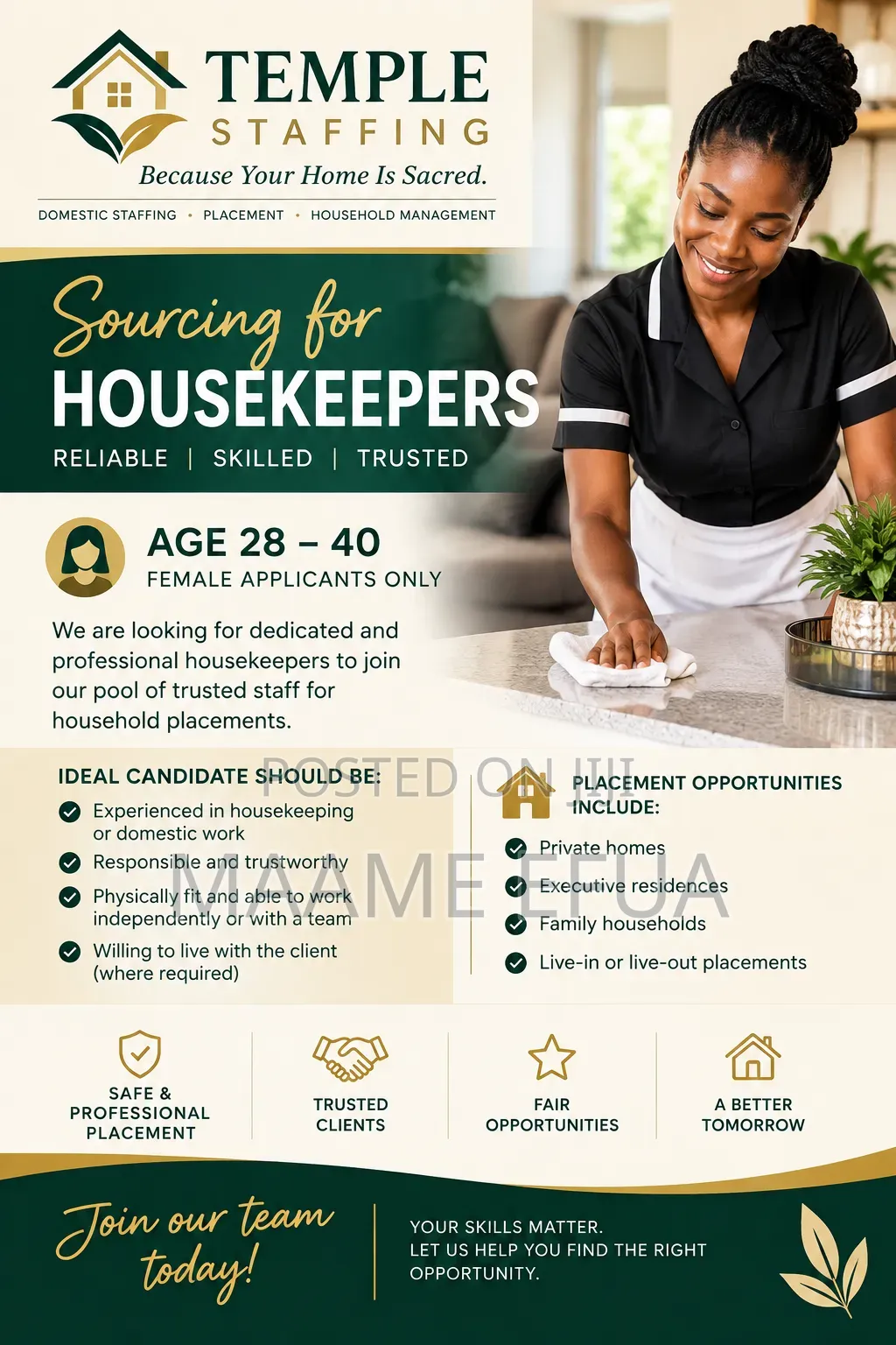 Femal Housekeeper Wanted. Above 25