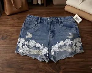 Denim Shorts Floral Lace Trim