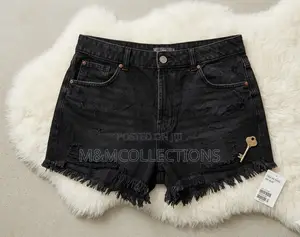 H M Denim Shorts Black Distressed Frayed Hem