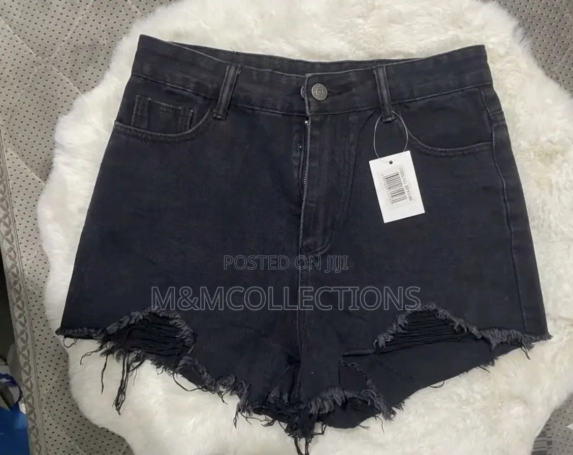 Black Denim Shorts Distressed Fringe Hem
