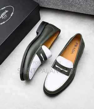 Leather Penny Loafers in Olive Green N White Strap and White Stitching