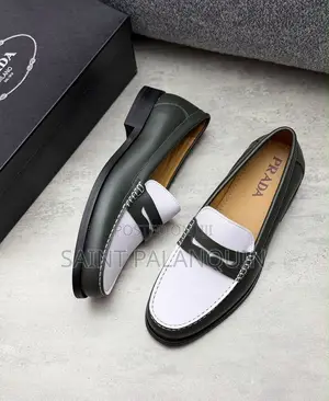 Leather Penny Loafers in Olive Green N White Strap and White Stitching