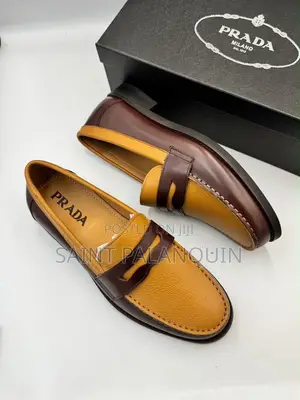 Penny Loafers Between Dark Brown and Mustard Yellow Panels.