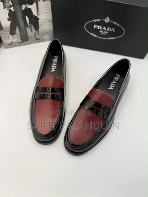 Prada Two-Tone Leather Loafers a Burgundy Vamp With Black Patent Trim
