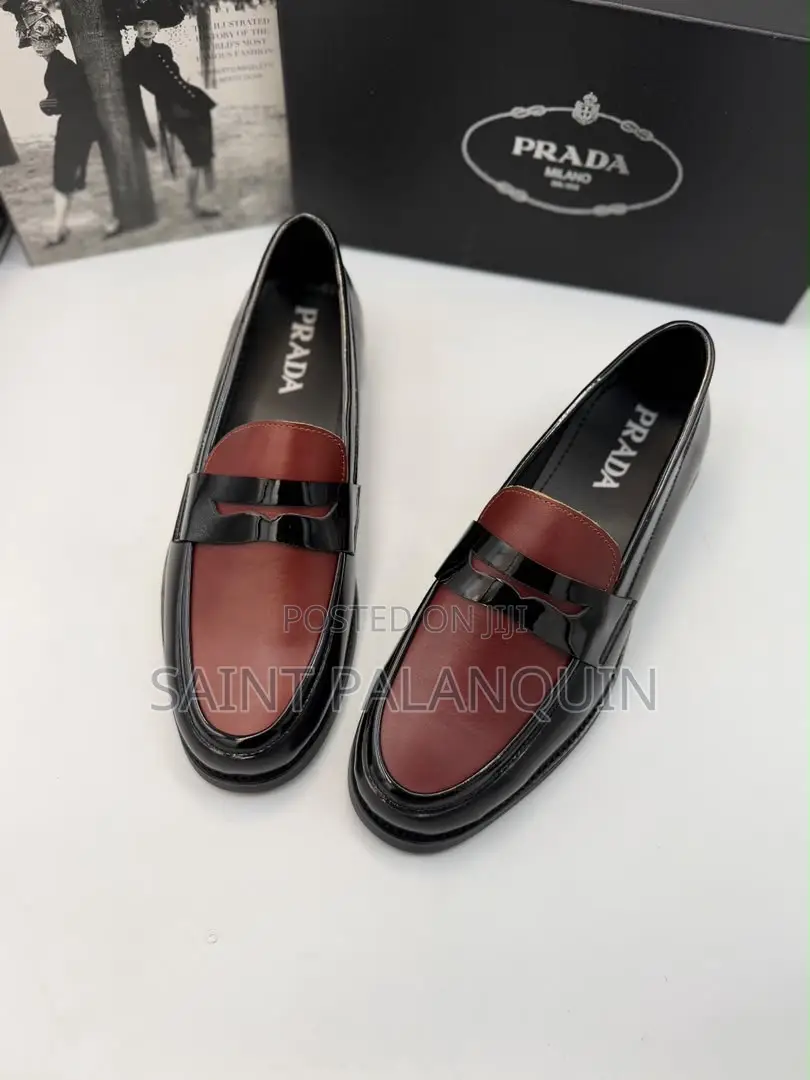 Prada Two-Tone Leather Loafers a Burgundy Vamp With Black Patent Trim