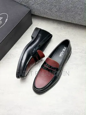 Prada Two-Tone Leather Loafers a Burgundy Vamp With Black Patent Trim