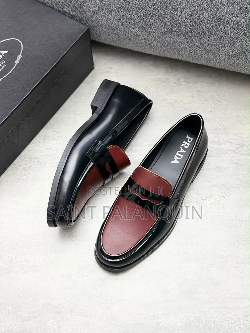 Prada Two-Tone Leather Loafers a Burgundy Vamp With Black Patent Trim