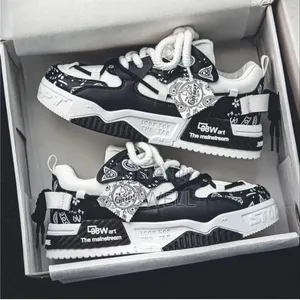 Men's Black White Graffiti Chunky Sneakers – Streetwear Casual Shoes