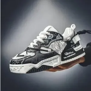Men's Black White Graffiti Chunky Sneakers – Streetwear Casual Shoes