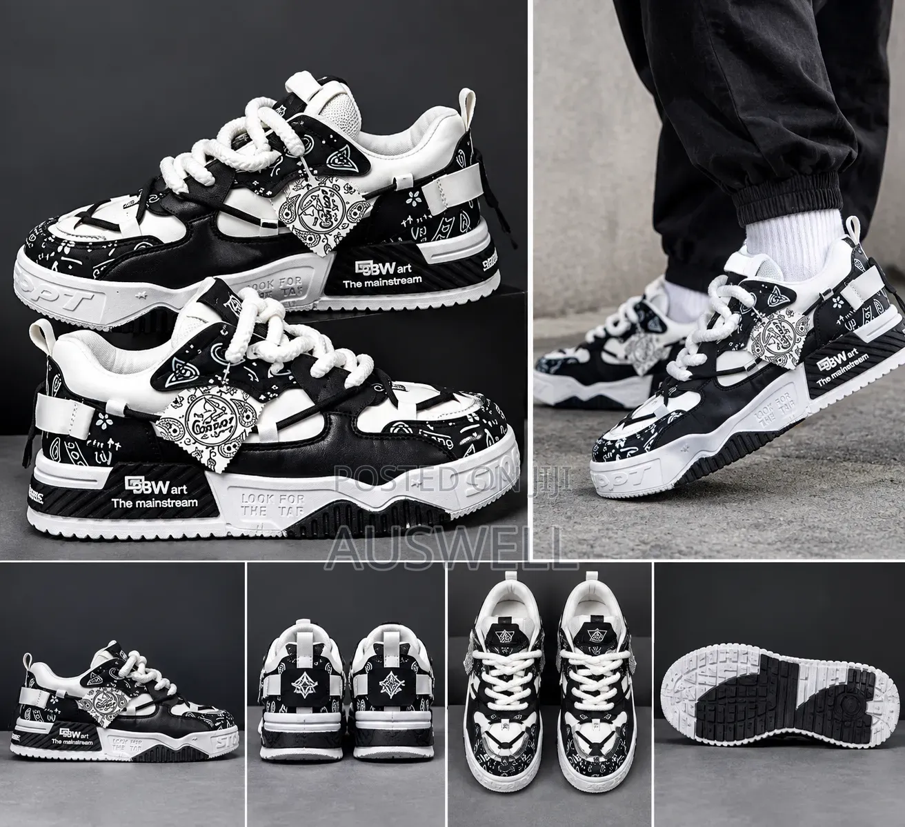 Men's Black White Graffiti Chunky Sneakers – Streetwear Casual Shoes