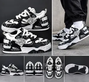 Men's Black White Graffiti Chunky Sneakers – Streetwear Casual Shoes