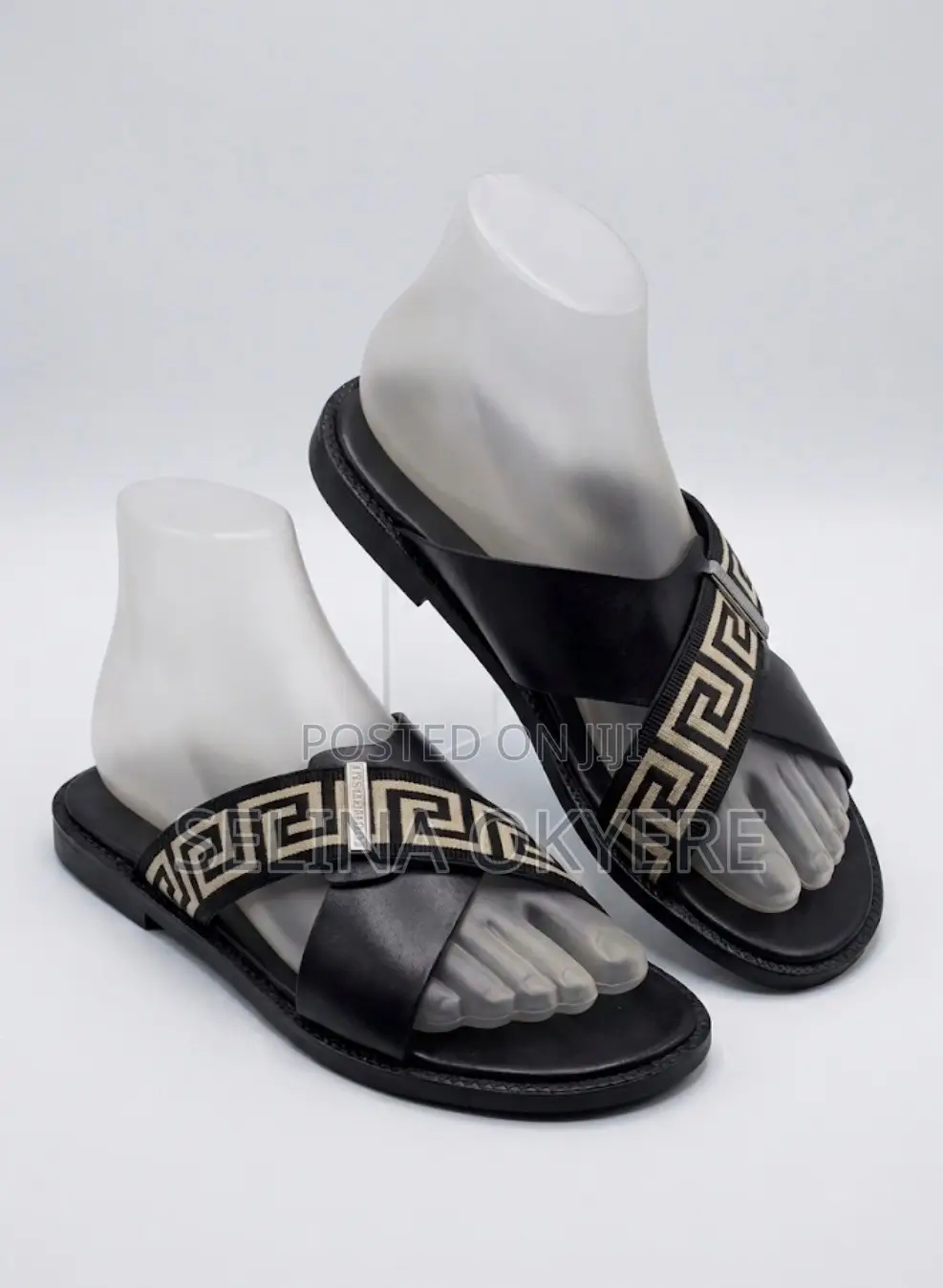 Stylish Men's Leather Cross-Strap Greek Key Sandals (Slippers)