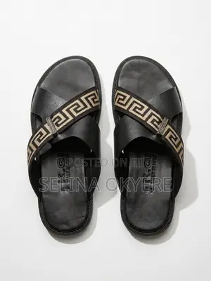 Stylish Men's Leather Cross-Strap Greek Key Sandals (Slippers)
