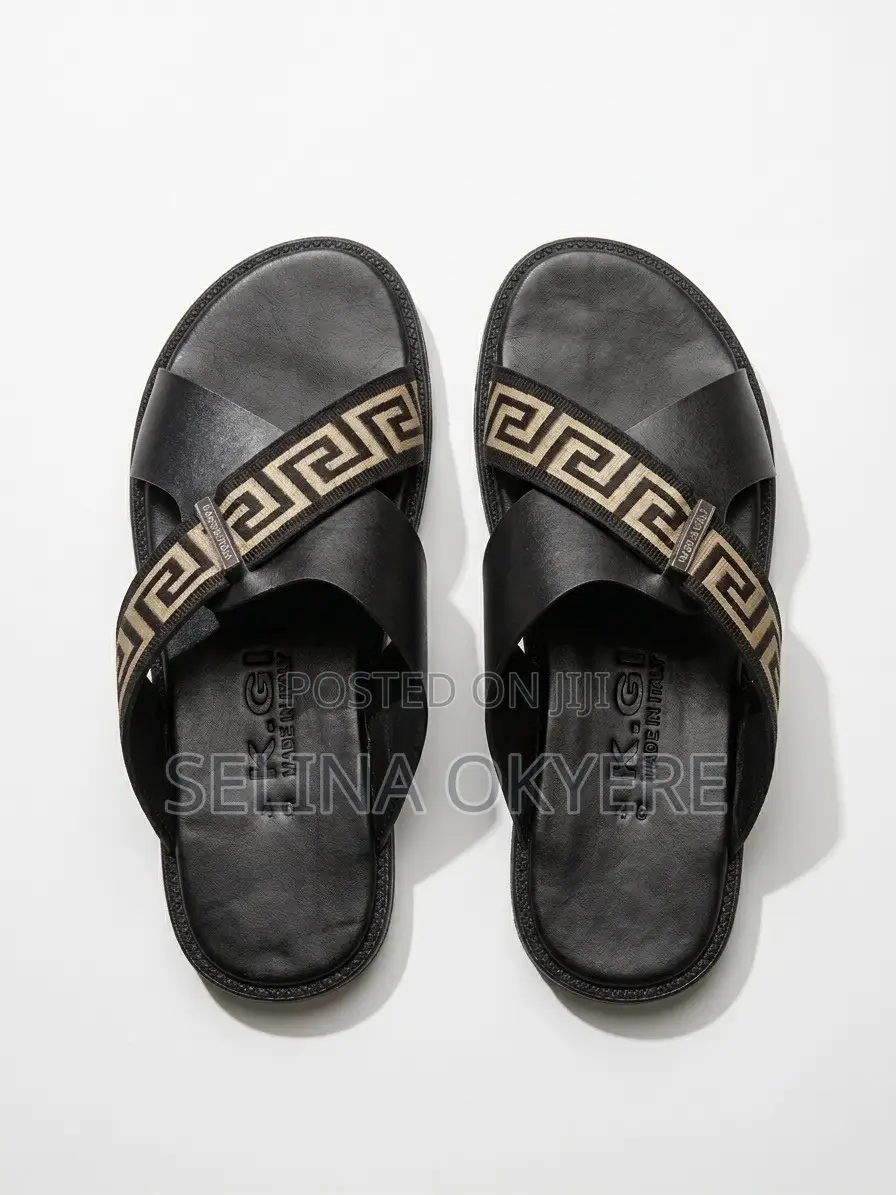 Stylish Men's Leather Cross-Strap Greek Key Sandals (Slippers)