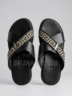 Stylish Men's Leather Cross-Strap Greek Key Sandals (Slippers)