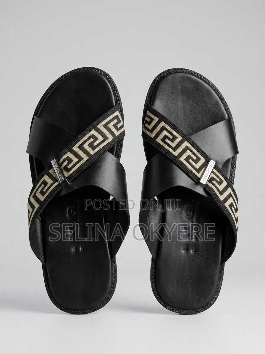 Stylish Men's Leather Cross-Strap Greek Key Sandals (Slippers)