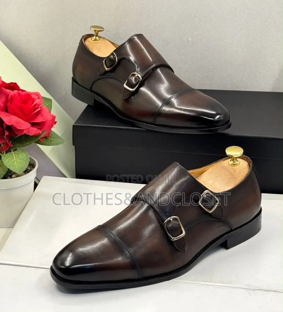 Dark Brown Leather Double Monk Strap Dress Shoes