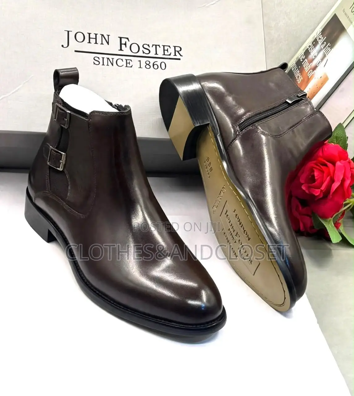 A Pair of Brown Leather Dress Boots Featuring Double Buckle Straps