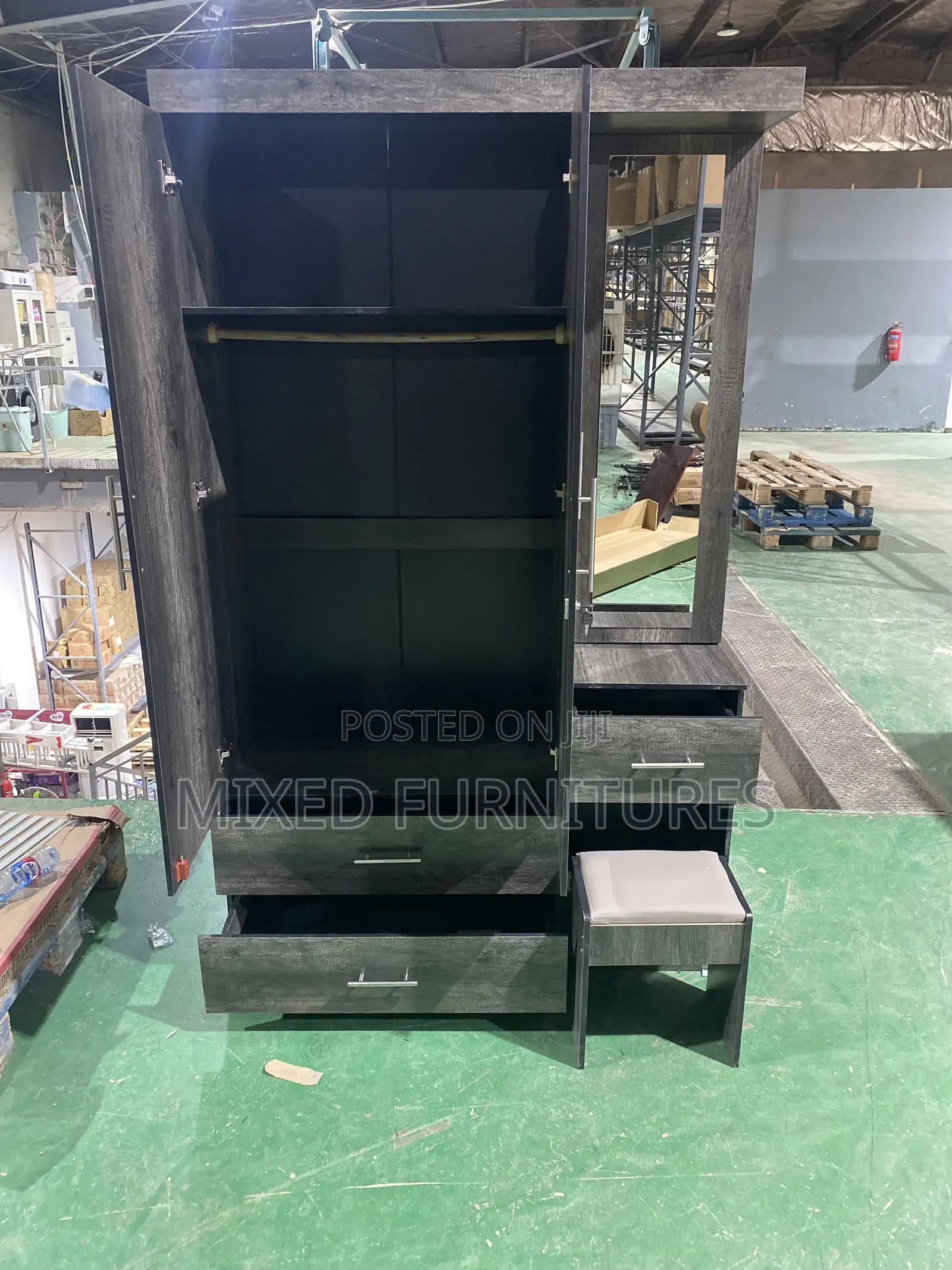 Wardrobe 3 Doors With Mirror and Chair