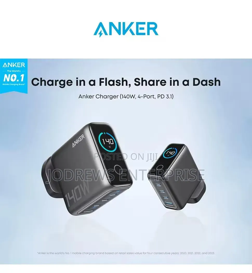 Anker Charger (140W, 4 Ports, Smart Display) With 5ft USB-C Cable