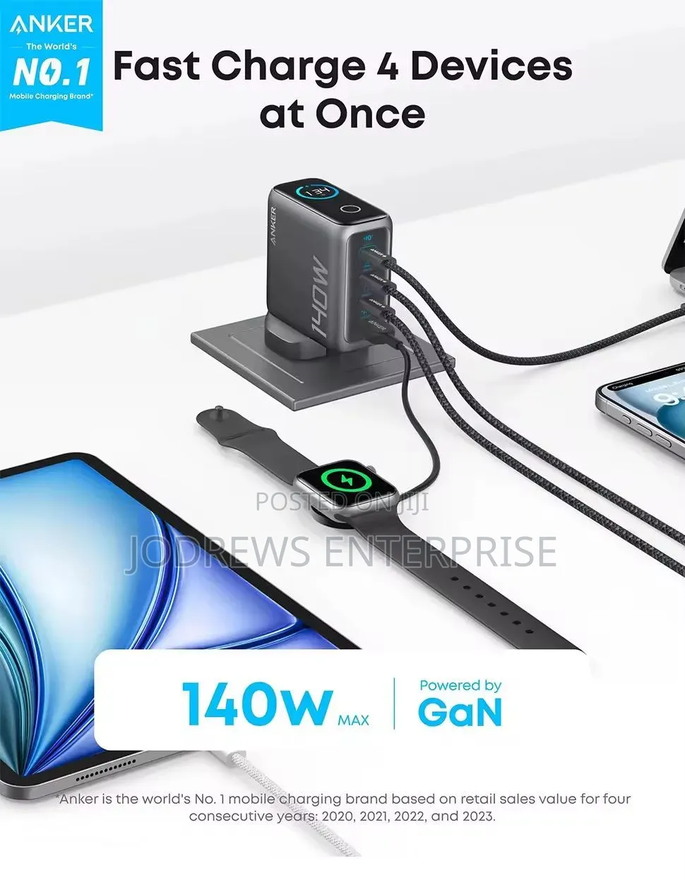 Anker Charger (140W, 4 Ports, Smart Display) With 5ft USB-C Cable