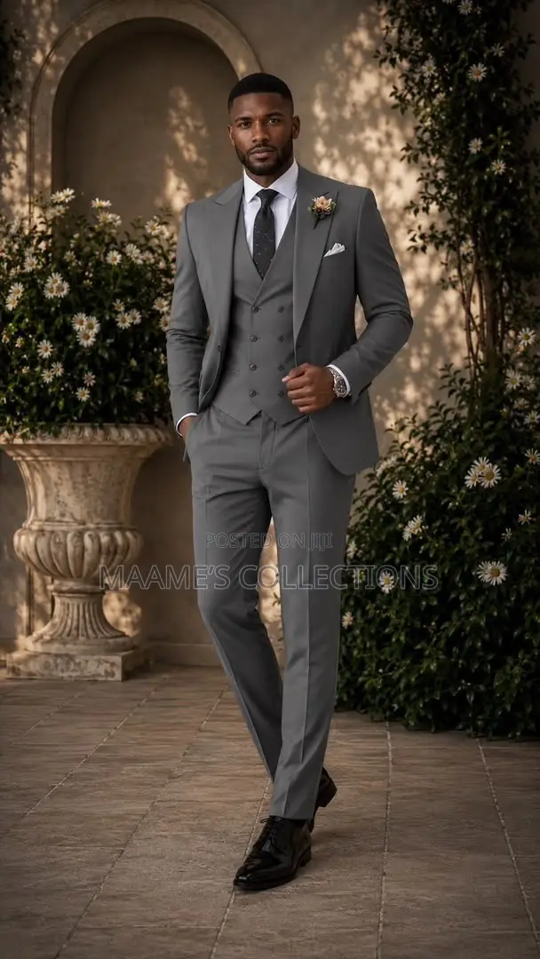 Men's 3-Piece Suit Set, Including Jacket, Trousers S, and Vest.