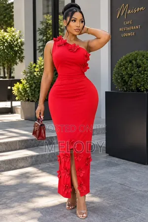 Red One-Shoulder Floral Appliqué Maxi Dress