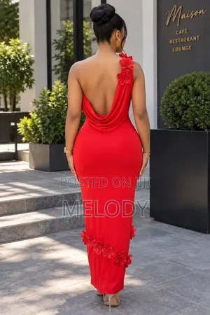 Red One-Shoulder Floral Appliqué Maxi Dress