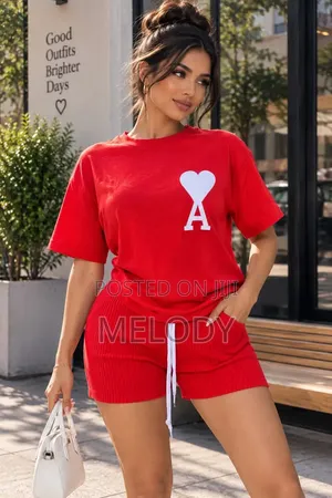 Red Casual Heart Print Two-Piece Short Set