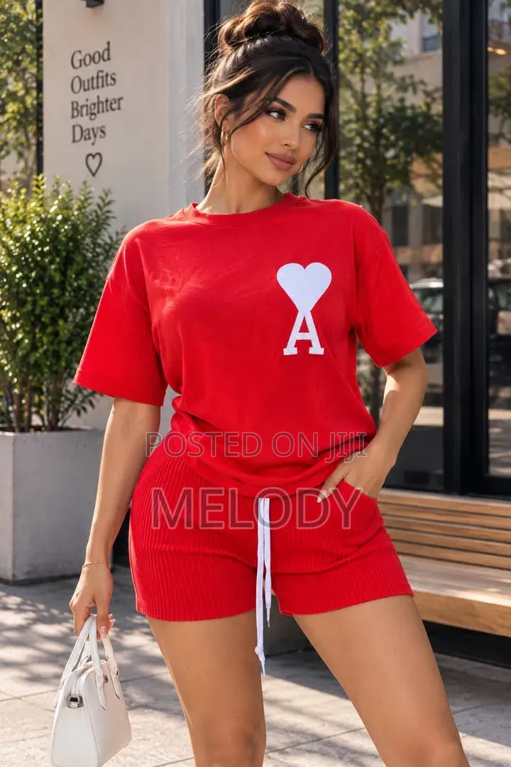 Red Casual Heart Print Two-Piece Short Set