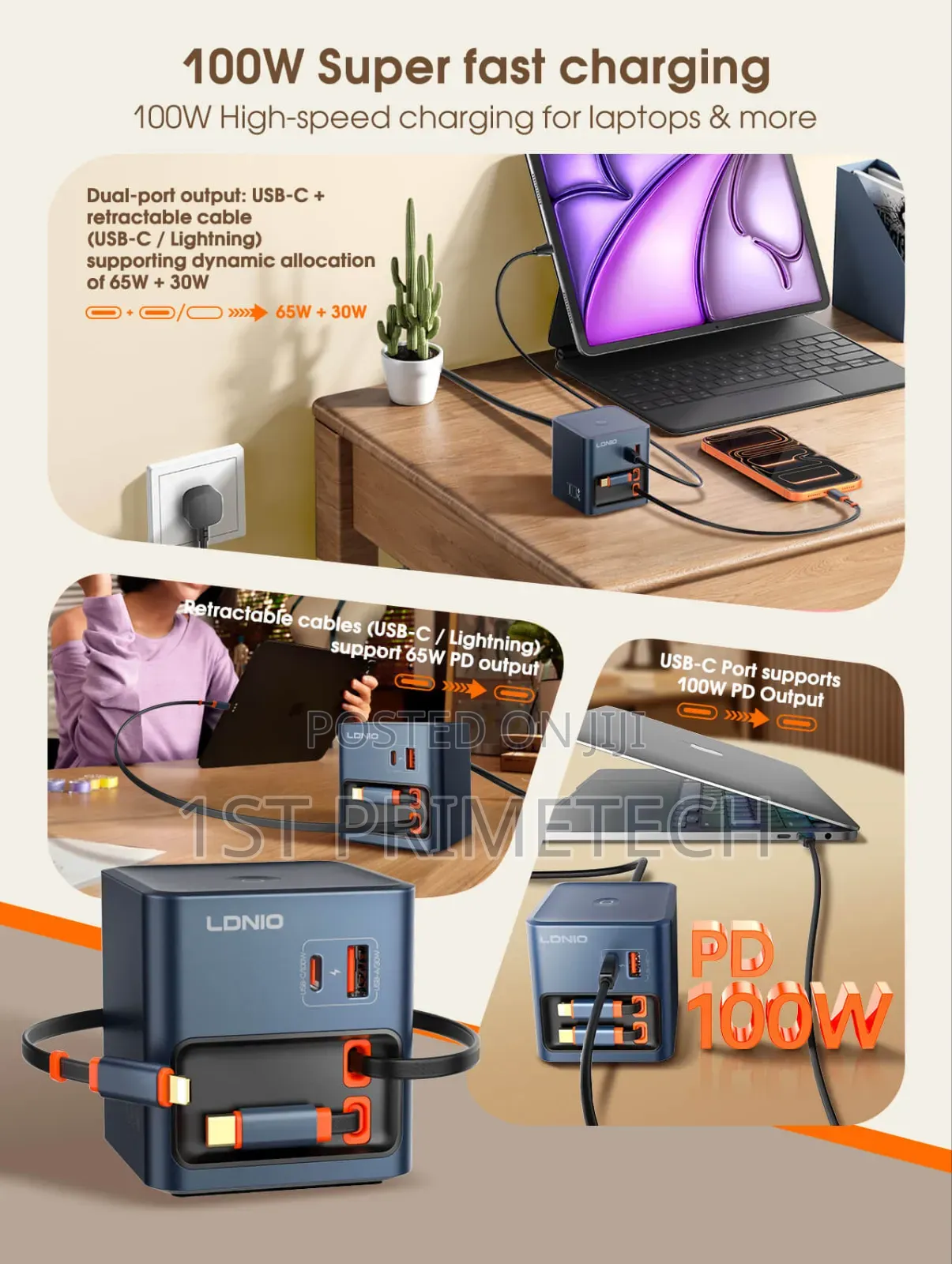 LDNIO 100W Desktop Charger With Retractable Cables