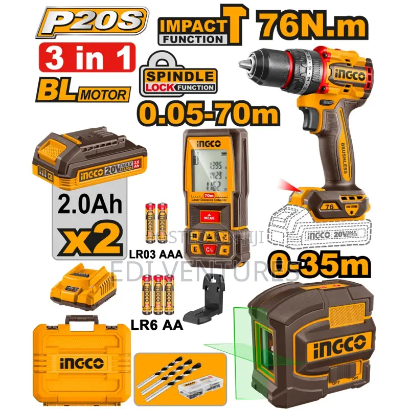Ingco Cordless Drill Impact Drill 76nm, 2 Batteries, Distance Detector