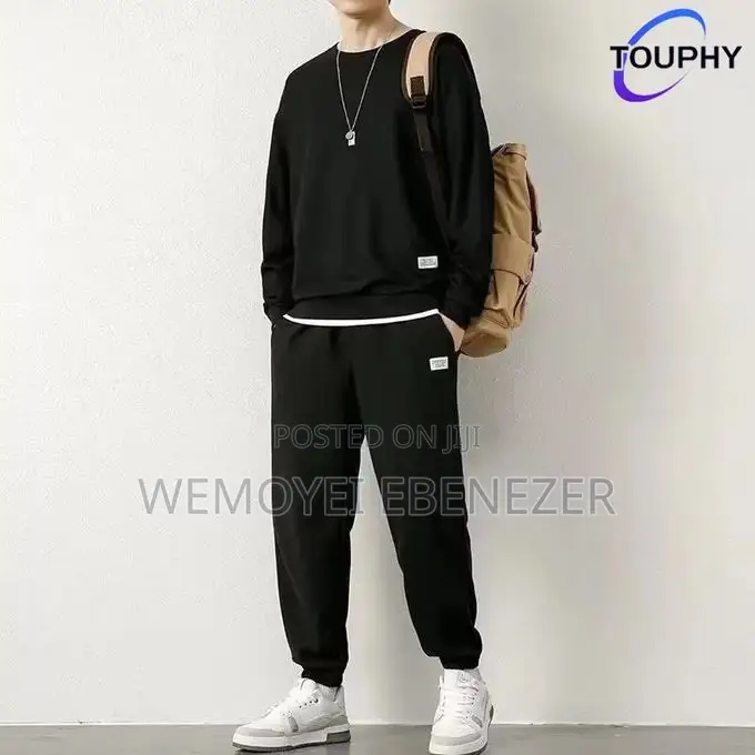 Men Cotton Sweatshirt-Long Sleeve Set Black T514641
