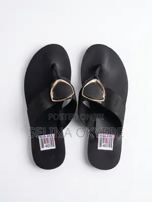 Brand New Women's Black Thong Slippers With Gold Metal Buckle - Size40
