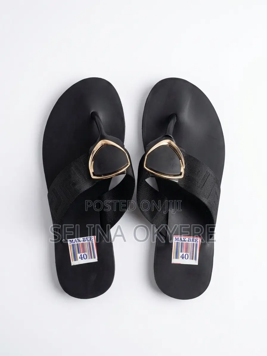 Brand New Women's Black Thong Slippers With Gold Metal Buckle - Size40