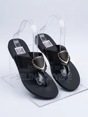 Brand New Women's Black Thong Slippers With Gold Metal Buckle - Size40