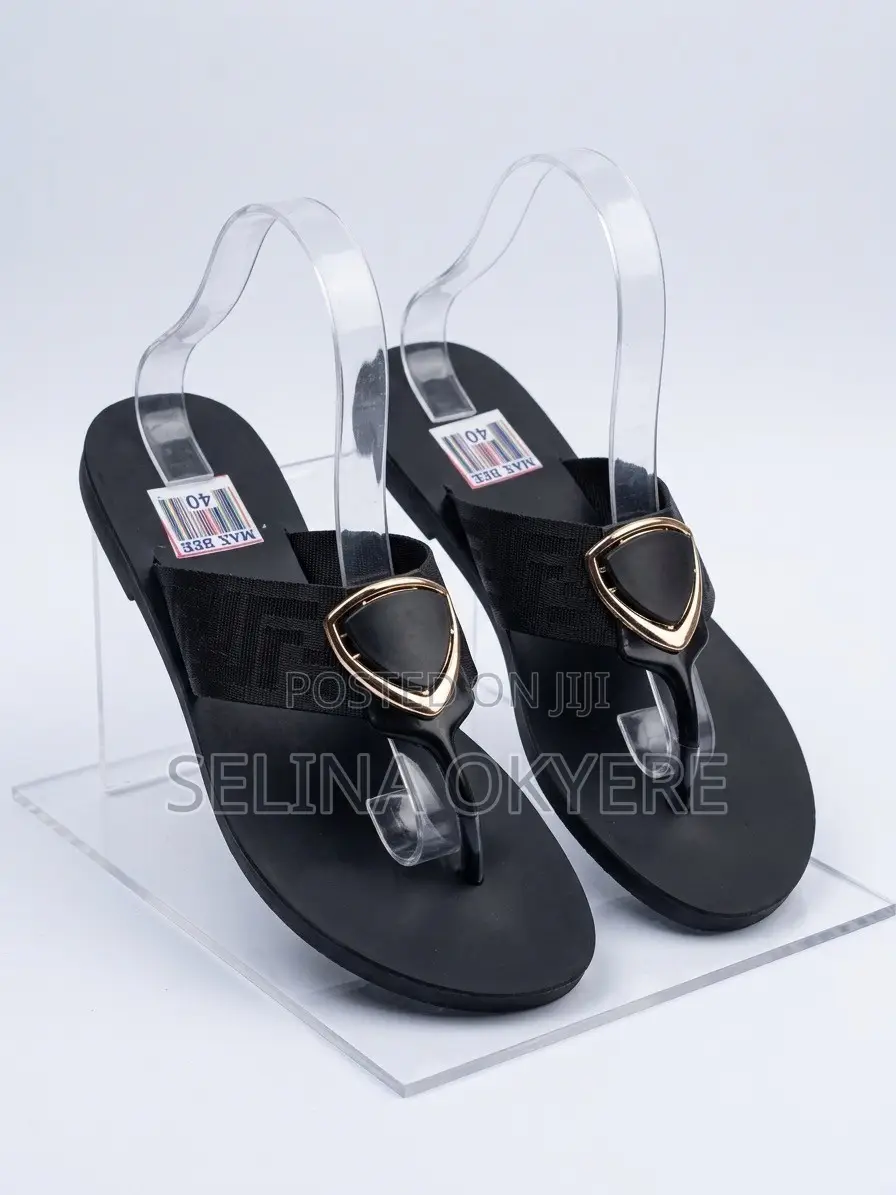 Brand New Women's Black Thong Slippers With Gold Metal Buckle - Size40