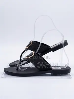 Brand New Women's Black Thong Slippers With Gold Metal Buckle - Size40