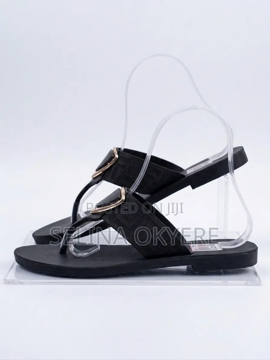 Brand New Women's Black Thong Slippers With Gold Metal Buckle - Size40