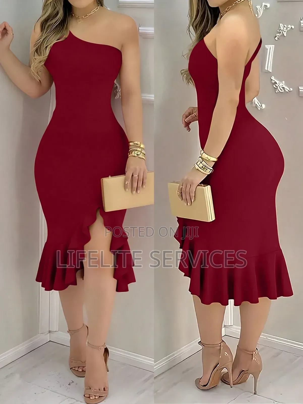 INAWLY Women's Elegant Slim Fit Neck Ruffled Hem Slit Midi Dress