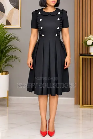 Ladies Office Dress - Black Corporate Gown - Button Detail