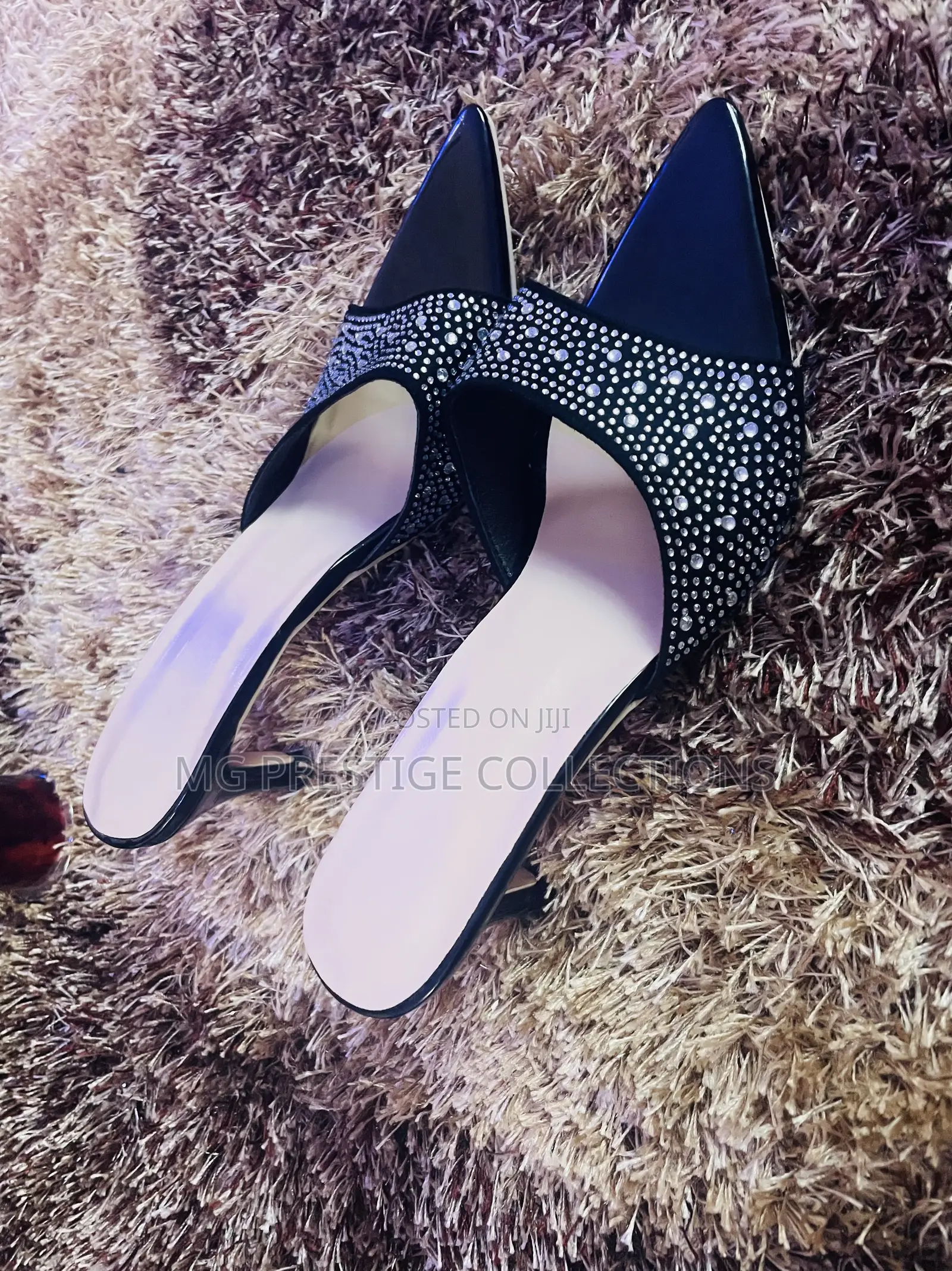  Black Rhinestone Pointed-Toe Mules