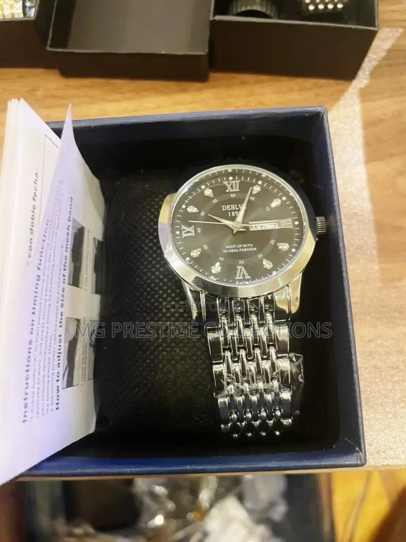 DEBLY Men's Luxury Silver Stainless Steel Quartz Watch (Black Dial)
