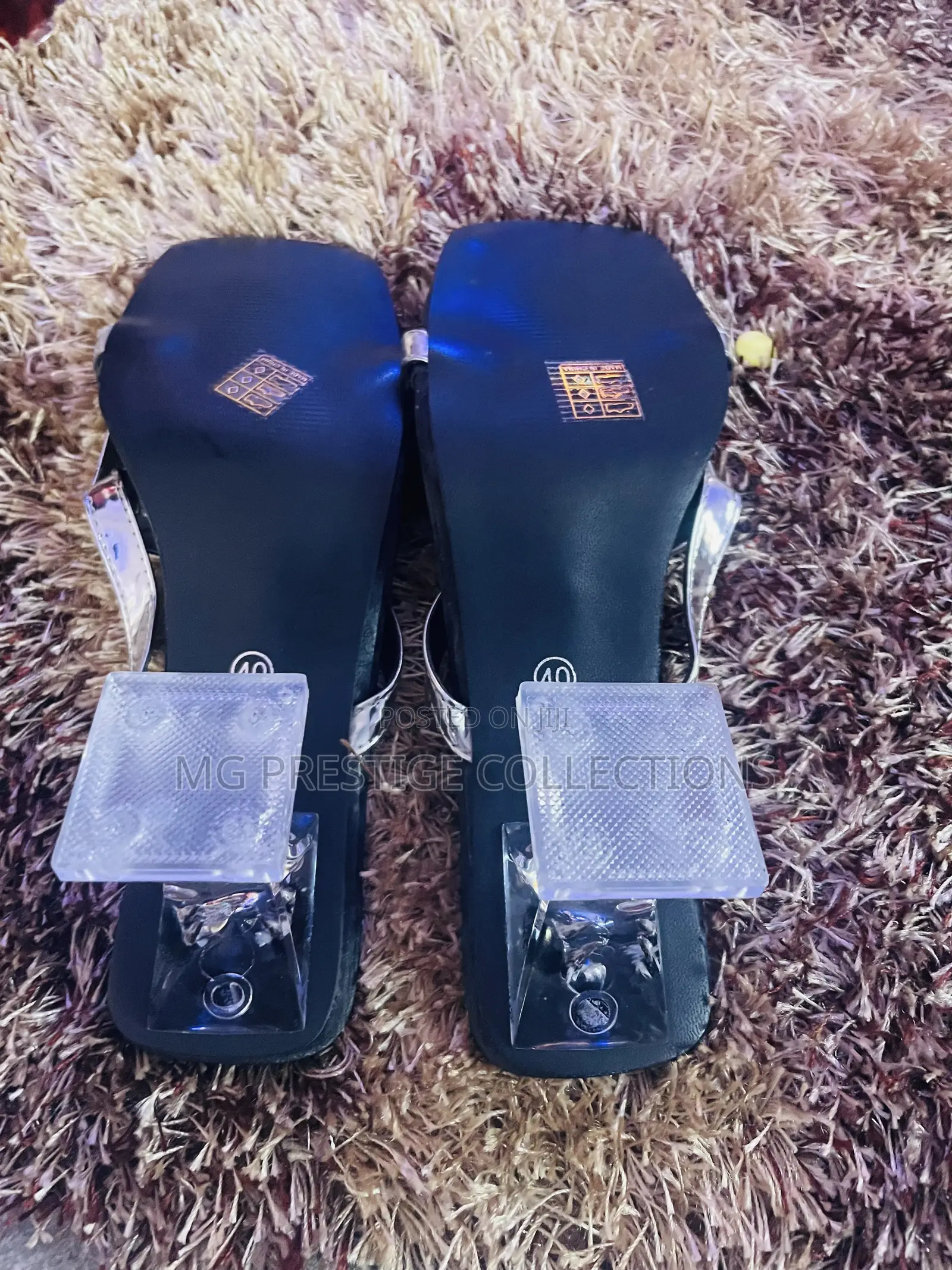 Metallic Silver Buckle Clear Sculpted Heel Mules